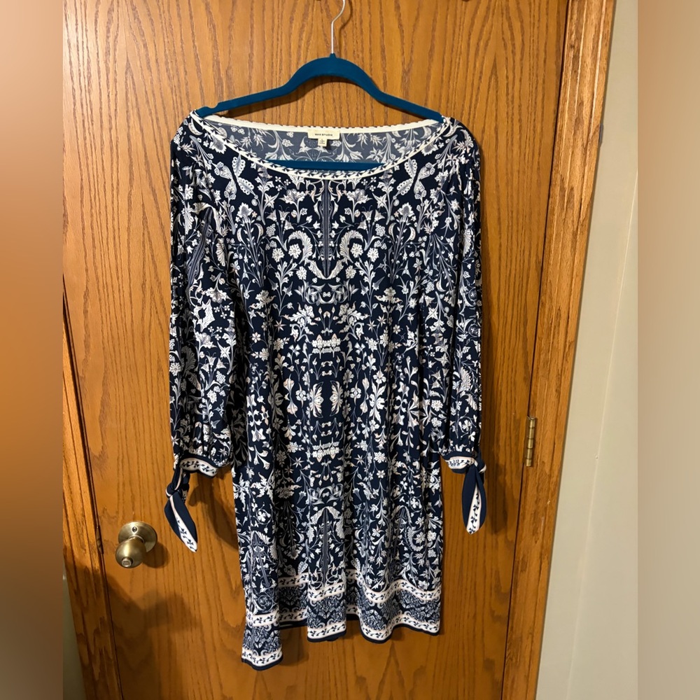Max Studio Navy, White and Pink Patterned Long Sleeve Dress with cutout sleeves